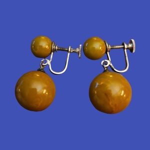 Vintage 1930s Marbled Olive Green Bakelite Screw-on Drop Earrings